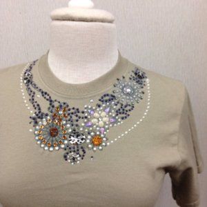 Embellished Womens T-shirt Khaki Handmade New